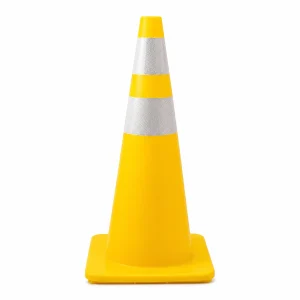 Cono de tránsito | color amarillo | 90cm / 28in | con 2 cintas y base tradicional